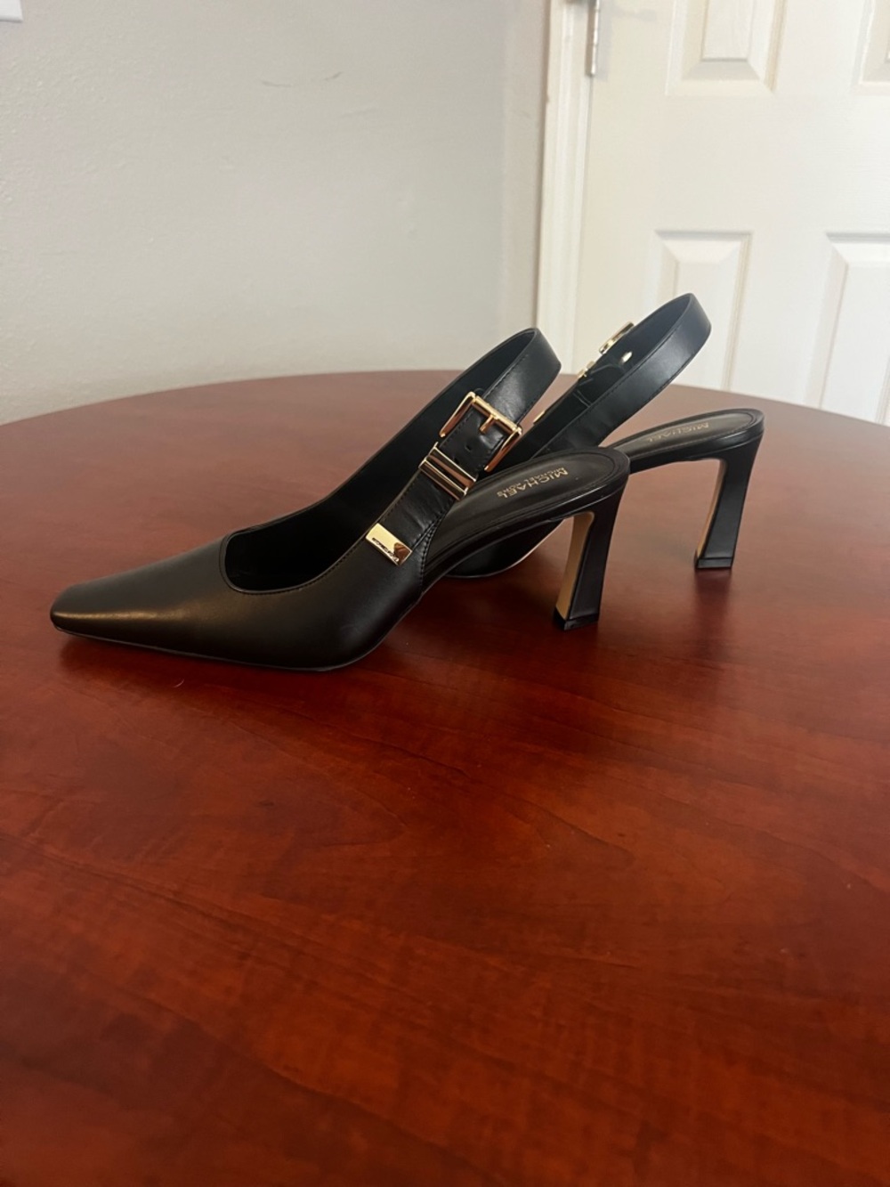 MICHAEL Michael Kors Black Leather Square-Toe Slingback Heels with Gold Buckle - Picture 3 of 4